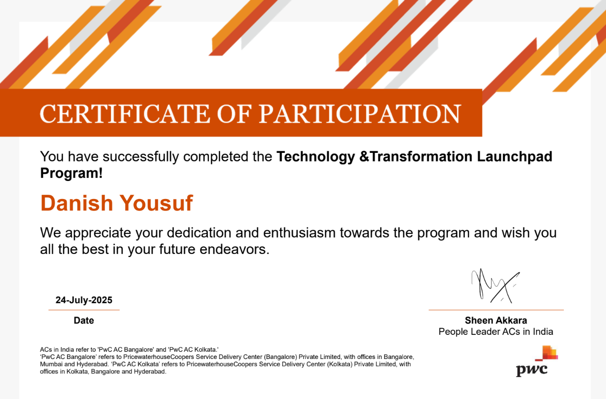 Technology & Transformation Launchpad Program Certificate